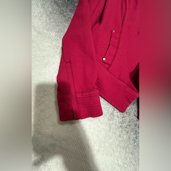(B1) WHBM Red Pink Ruffle Cardinal Ponte Office Day Lifestyle Moto Jacket 6 - Picture 7 of 9